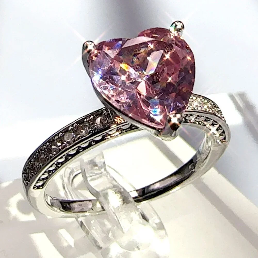 Heart Cut Pink Cubic Zirconia Ring With Accents In Silver Tone 7 - Picture 3 of 12